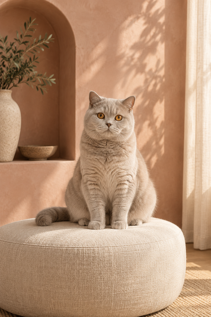 Un chat gris se repose sur un pouf ivoire dans une maison lumineuse