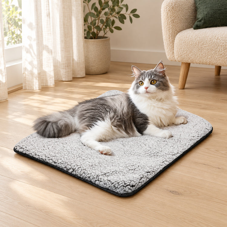 Chat gris et blanc allongé sur le coussin auto-chauffant gris à bord noir