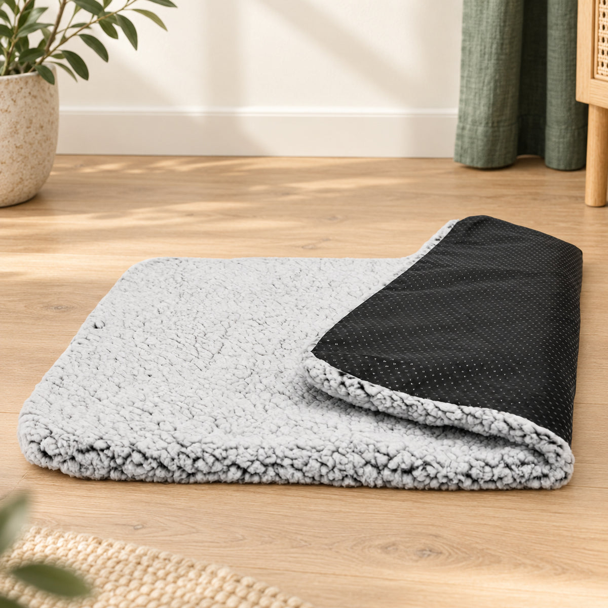 Coussin auto-chauffant gris replié pour montrer le dessous noir à petits points