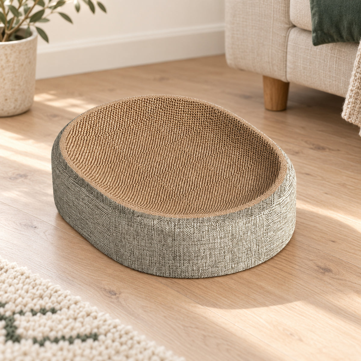 Griffoir-lit ovale beige et gris, intérieur concave et paroi extérieure tissée