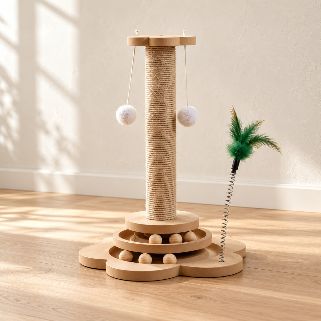 Photo d’ambiance — Circuit de jeu et griffoir en bois